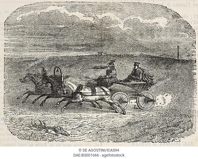 A courier in southern Russia, carriage with horses, illustration from Teatro universale, Raccolta enciclopedica e scenografica, No 638, October 3, 1846
