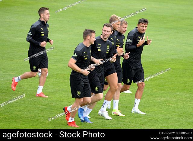 The Czech national football team in action during the training session prior to the UEFA football World Cup Qualification matches played against Belarus and...