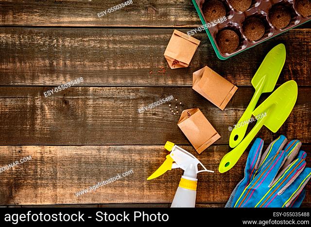 Garden tools - scoops and rakes, seeds in paper bags, peat tablets in a container for seedlings, gloves and a spray bottle on a wooden background