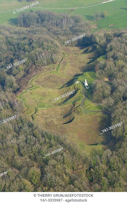 France, Meuse (55), Vauquois, old WWI battle field, hill La Butte de Vauquois (aerial view)