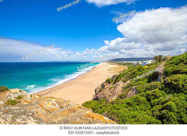 landscape of Atlanterra Beach, from top of mountain in Cape Plata, near Zahara de los Atunes village (Cadiz, Andalusia, Spain)
