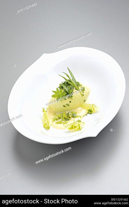 Variations of pine needles with butter caramel and herbs