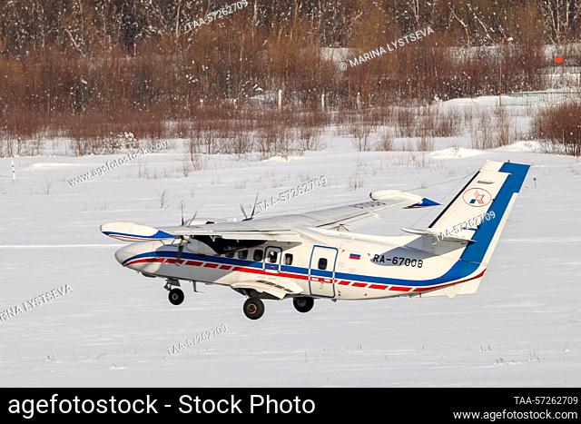 RUSSIA, KAMCHATKA REGION - FEBRUARY 6, 2023: A Let L-410 Turbolet transport aircraft of Kamchatka Air Enterprise lands at Petropavlovsk-Kamchatsky International...