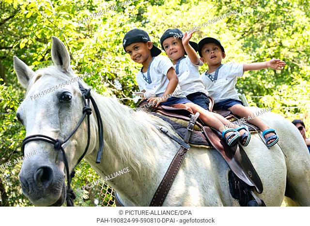24 August 2019, Hessen, Lich: The 3 year old Liam (l-r), Killian and Jayson sit together on a horse at the triplet meeting of the Hessian Prime Minister