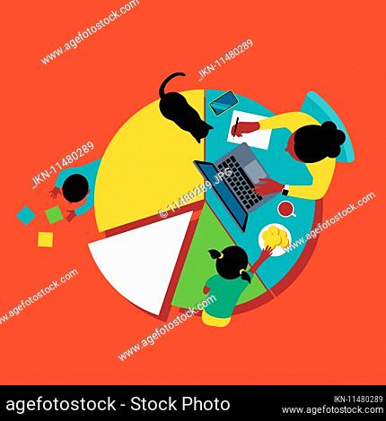 Mother multitasking working from home at pie chart desk