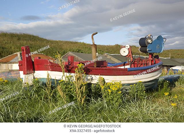 Old Fishing Boat on Beach, Lindisfarne, Holy Island; Northumberland; England; UK