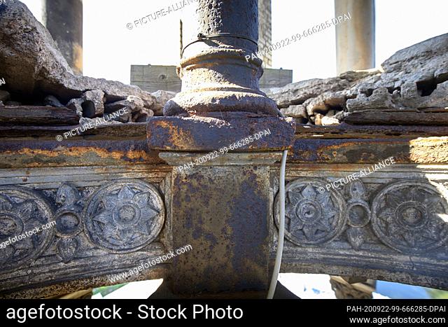 22 September 2020, Brandenburg, Potsdam: Rusty iron and decayed building fabric on the upper floor of the Campanile of the Church of Peace in Sanssouci Park