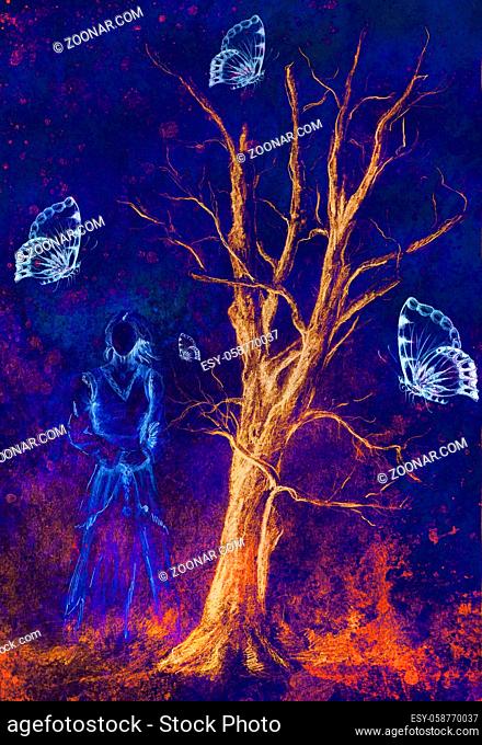 Goddess woman and tree with butterfly, color background original draw and computer collage