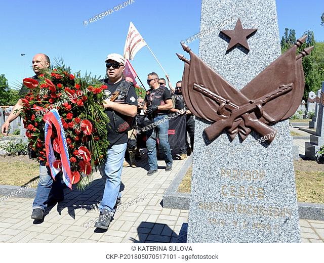 Tens of bikers from the Russian nationalist Russian Night Wolves motorcycle club and their followers met in Pruhonice near Prague in the Monday, May 7, 2018