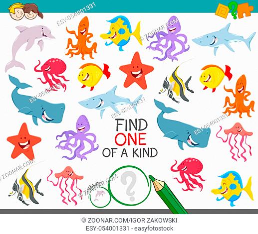 Cartoon Illustration of Find One of a Kind Educational Activity Game for Kids with Sea Life Animal Characters