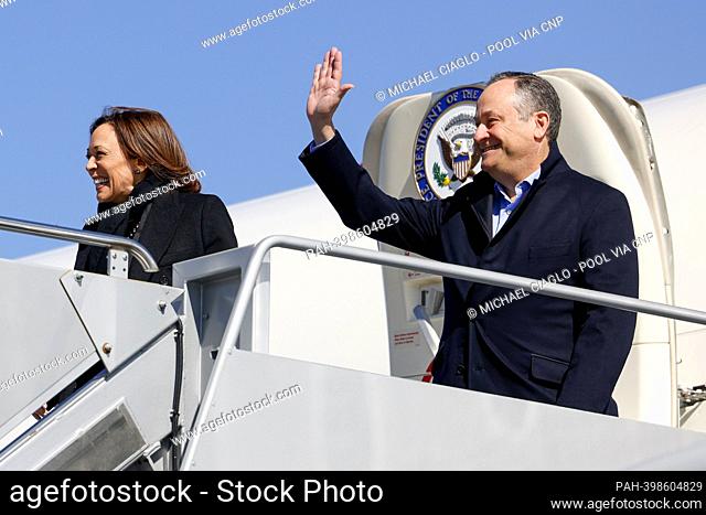 United States Vice President Kamala Harris and second gentleman Doug Emhoff arrive to Denver International Airport in Denver, Colorado, US, on Monday, March 6