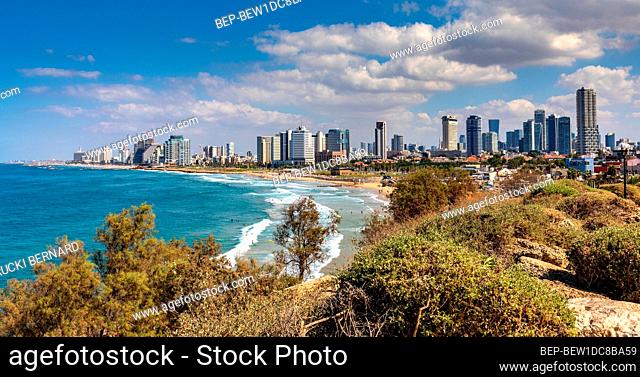 Tel Aviv Yafo, Gush Dan / Israel - 2017/10/11: Panoramic view of downtown Tel Aviv at Mediterranean coastline and business district seen from Old City of Jaffa