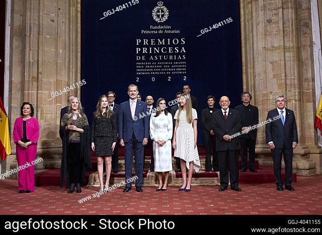 King Felipe VI of Spain, Queen Letizia of Spain, Crown Princess Leonor, Princess Sofia attends Audience with Princess of Asturias awards winners during Princess...