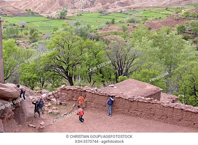 children of the village of Tighza playing with a ball, Ounila River valley, Ouarzazate Province, region of Draa-Tafilalet, Morocco, North West Africa