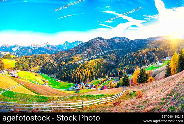 Captivating autumn view of Antermoia alpine village in Dolomites. Location: Bolzano, Dolomite Alps, South Tyrol, Italy, Europe