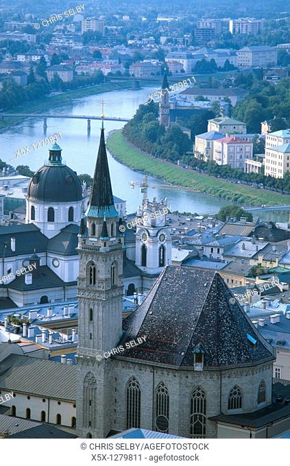 Salzach River and Franciscan Church seen from Hohensalzburg Fortress in Salzburg, Austria