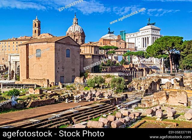 The Roman Forum is a rectangular forum (plaza) surrounded by the ruins of several important ancient government buildings at the center of the city of Rome