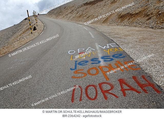 Climb to the summit of Mont Ventoux, words sprayed on the road to encourage cyclists, Carpentras, Provence region, Département Vaucluse, France, Europe