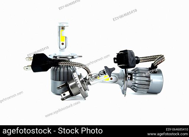 H4 halogen lamp and LED headlight bulbs isolated on white background, vehicles parts and replacement