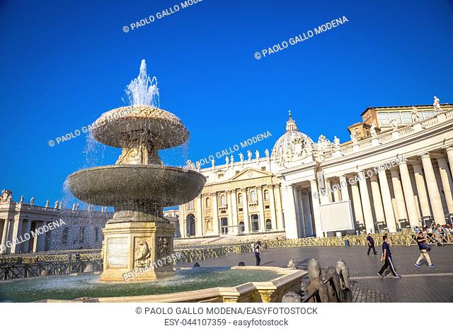 ROME, VATICAN STATE - AUGUST 20, 2018: Saint Peter Cathedral in Vatican with the famous Cupola, early morning daylight and still few tourists