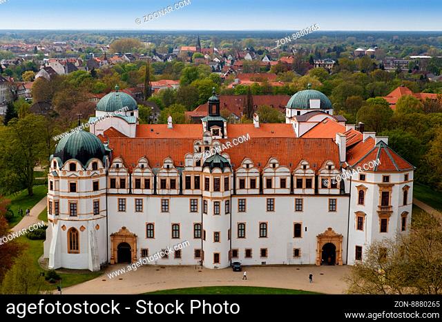 Celle, Germany - April 19, 2014: Photograph of Celle castle taken from the top of the city church