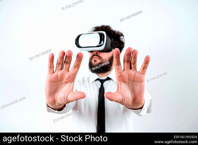 Man Wearing Vr Glasses And Presenting Important Messages Between Hands