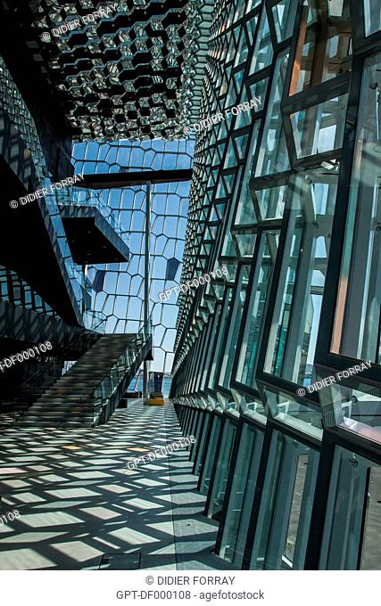 INTERIOR VIEW OF THE HARPA - REYJAVIK CONCERT HALL AND CONFERENCE CENTER, BUILT IN 2011 BY THE ICELANDIC ARTIST OLAFUR ELIASON AND THE DANISH FIRM HENNING...