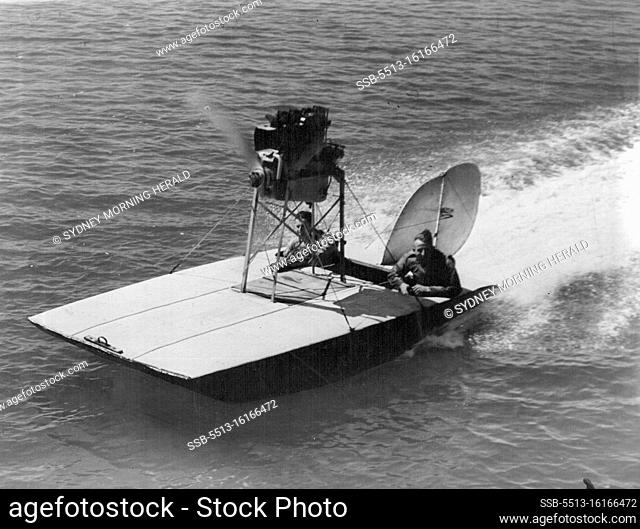 Powered by an aeroplane engine, this hydroplane attains a speed of more than 40 mph on Waitemata Harbor (NZ). It is driven by a 7ft
