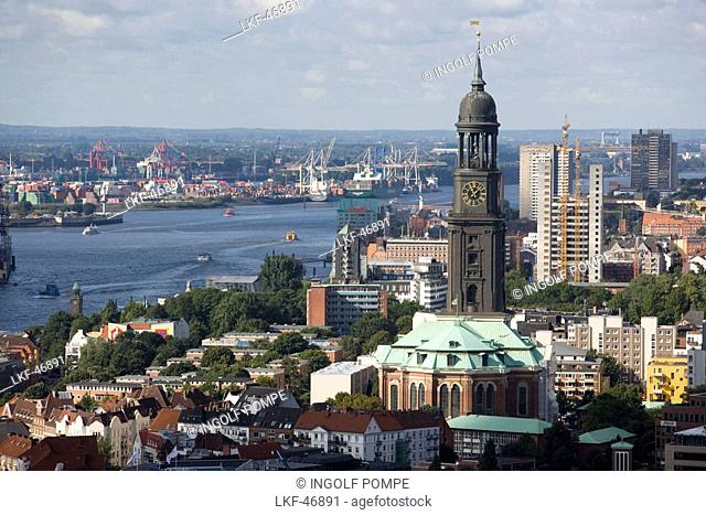 View to St. Michaelis church the and harbour in the background, Hamburg, Germany