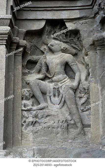 Cave No 16 : Lord Vishnu in the form of (Varaha Avatara) i.e. Boar Incarnation, on the entrance of rock-cut temple, Kailasa, Ellora. Maharashtra