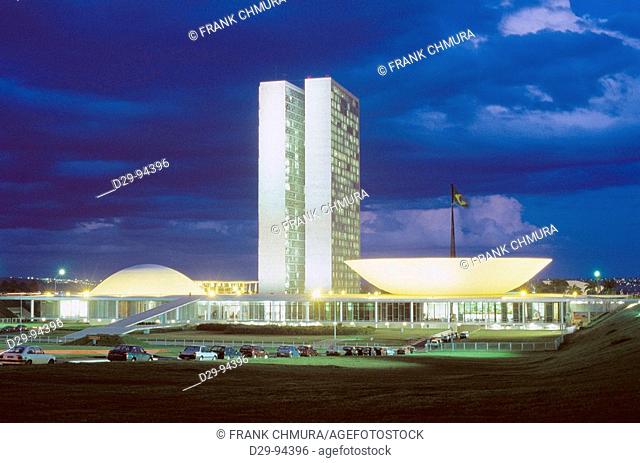 National Congress in the Square of the Three Powers projected by Oscar Niemeyer, Brasilia. Brazil