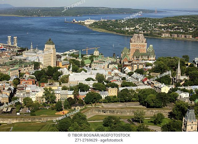 Canada, Quebec City, skyline, St Lawrence River, aerial view,
