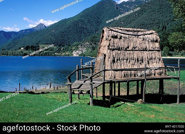 lake-dwelling reconstruction, ledro lake, italy