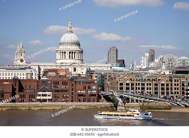Bridge across a river with cathedral in the background, Millennium Bridge, Thames River, St. Paul's Cathedral, London, England
