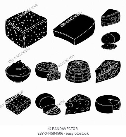 Different kind of cheese black icons in set collection for design.Milk product cheese vector symbol stock illustration