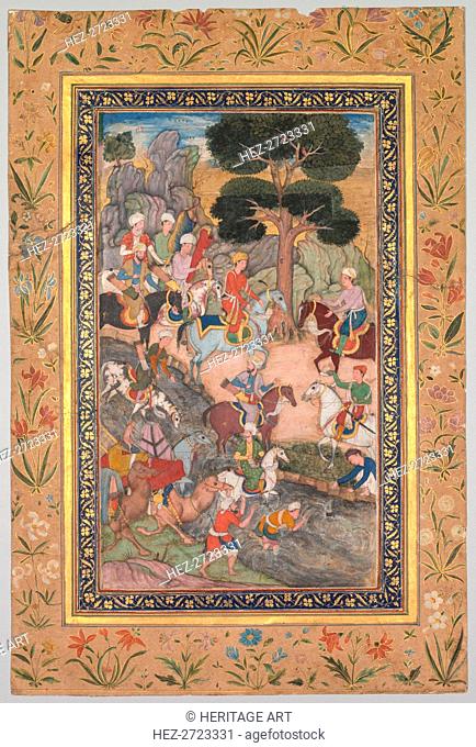 Babur meeting with Sultan Ali Mirza at the Kohik River, from a Babur-nama (Memoirs of Babur), c. 159 Creator: Unknown