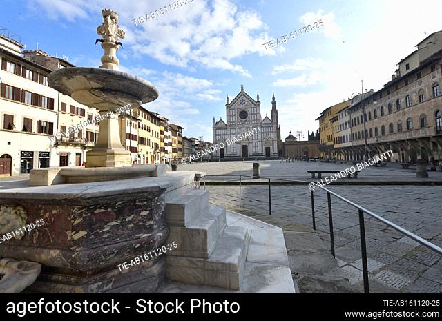 First day of the Red zone in Florence, Santa Croce square empty , Florence, ITALY-15-11-2020