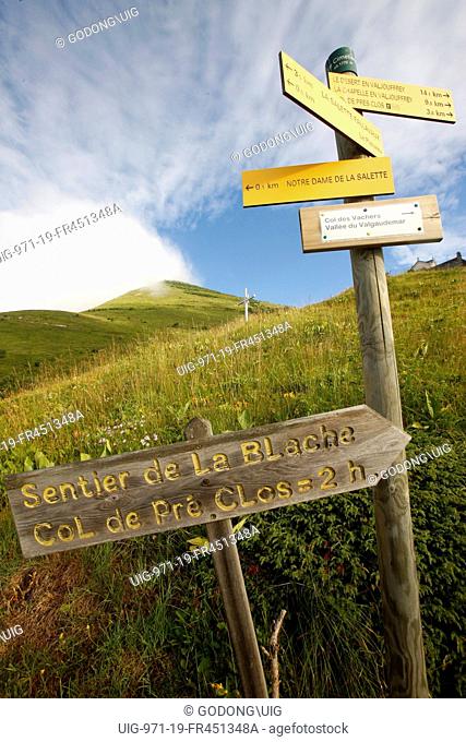 Trekking sign in French Alps, La Salette, France