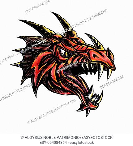 Scratchboard style illustration of an Angry Dragon Head viewed from side on isolated background