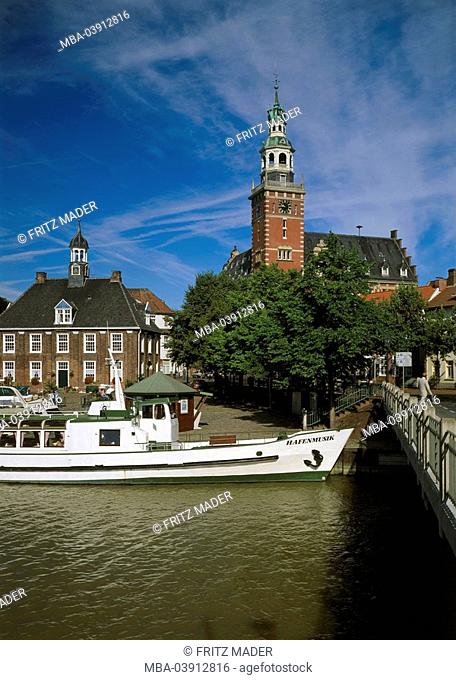 Germany, Lower Saxony, empty, city view, town hall, trip-ship, detail, Northern Germany, East Frisia, city, port, waters, river, landing place, bridge