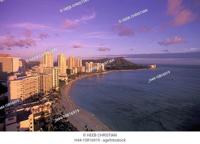 Waikiki Beach, overview, beach, seashore, sea, Diamond head, mood, Honolulu, Oahu, Hawaii, USA, United States, America