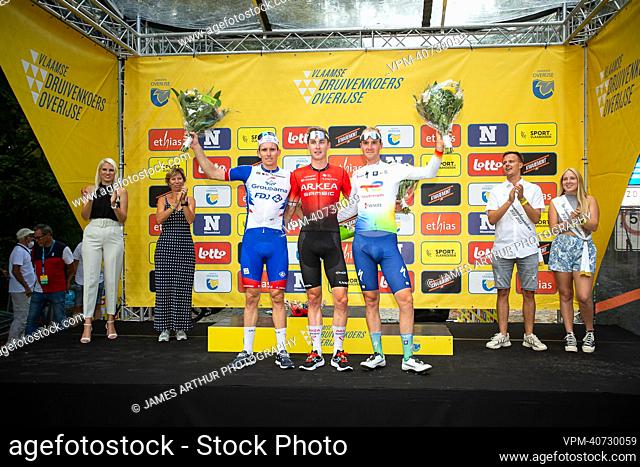 French Arnaud Demare of Groupama-FDJ, French Matis Louvel of Arkea-Samsic and Belgian Dries Van Gestel pictured on the podium after the 'Druivenkoers' one day...