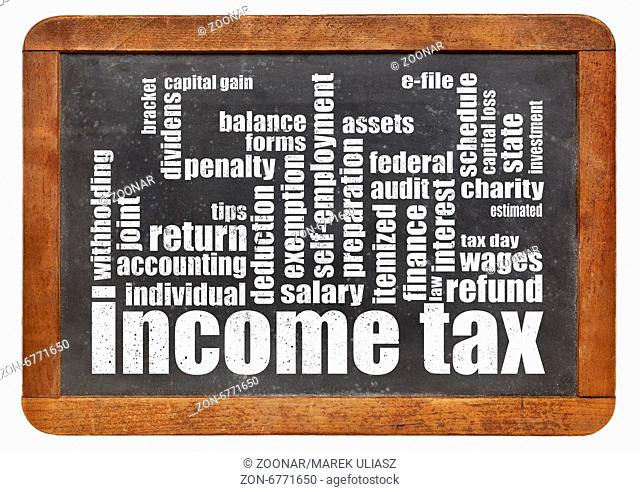 income tax word cloud on a vintage slate blackboard