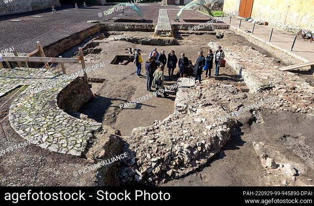 29 September 2022, Saxony-Anhalt, Memleben: Participants of a colloquium examine the excavation field on the historic Memleben monastery grounds