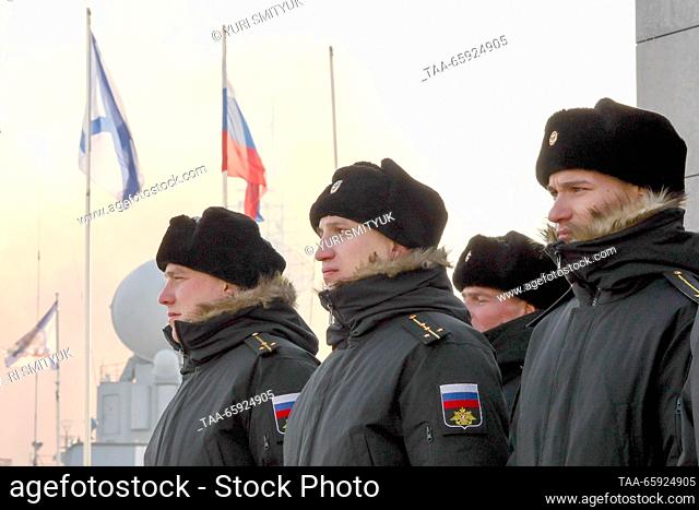 RUSSIA, VLADIVOSTOK - DECEMBER 20, 2023: Russian servicemen line up during a ceremony to welcome the Russian destroyers Admiral Panteleyev and Admiral Tributs