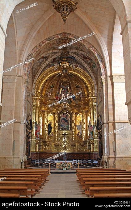 Monastery of Santa Maria de Huerta, cistercian 12th century. Baroque altarpiece. Santa Maria de Huerta, Soria province, Castilla y Leon, Spain