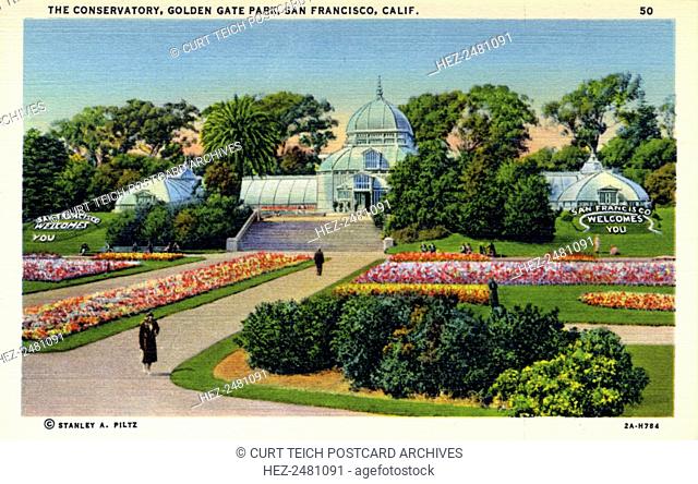 The Conservatory, Golden Gate Park, San Francisco, California, USA, 1932. Vintage linen postcard showing the exterior of the Conservatory of Flowers and the...