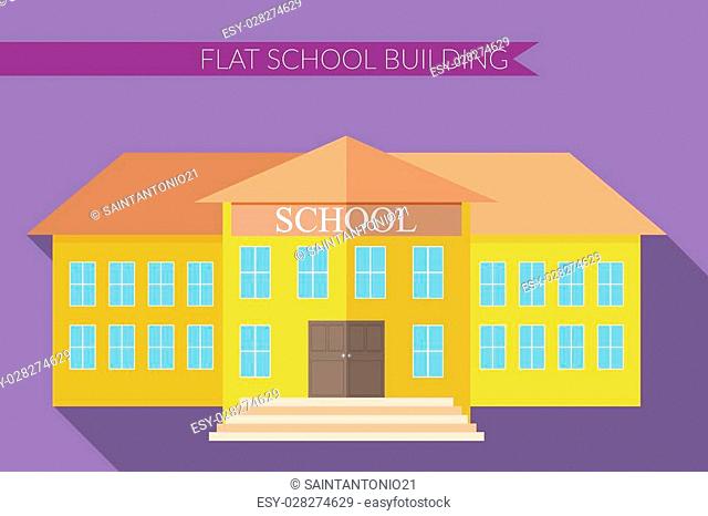 Flat design modern vector illustration of school building icon set, with long shadow on color background
