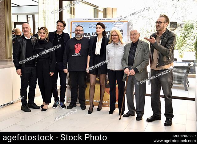 The cast Gianmarco Tognazzi, Giampaolo Morelli, Carolina Crescentini, Massimiliano Bruno, Giulia Bevilacqua and Marco Giallini with the Italian film producers...