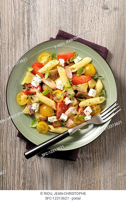 Mediterranean pasta salad with tomatoes, onions and feta